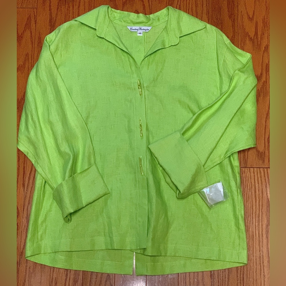 Women's XS COURTNEY WASHINGTON Lime Green 100% Linen Cuff Sleeve Shirt